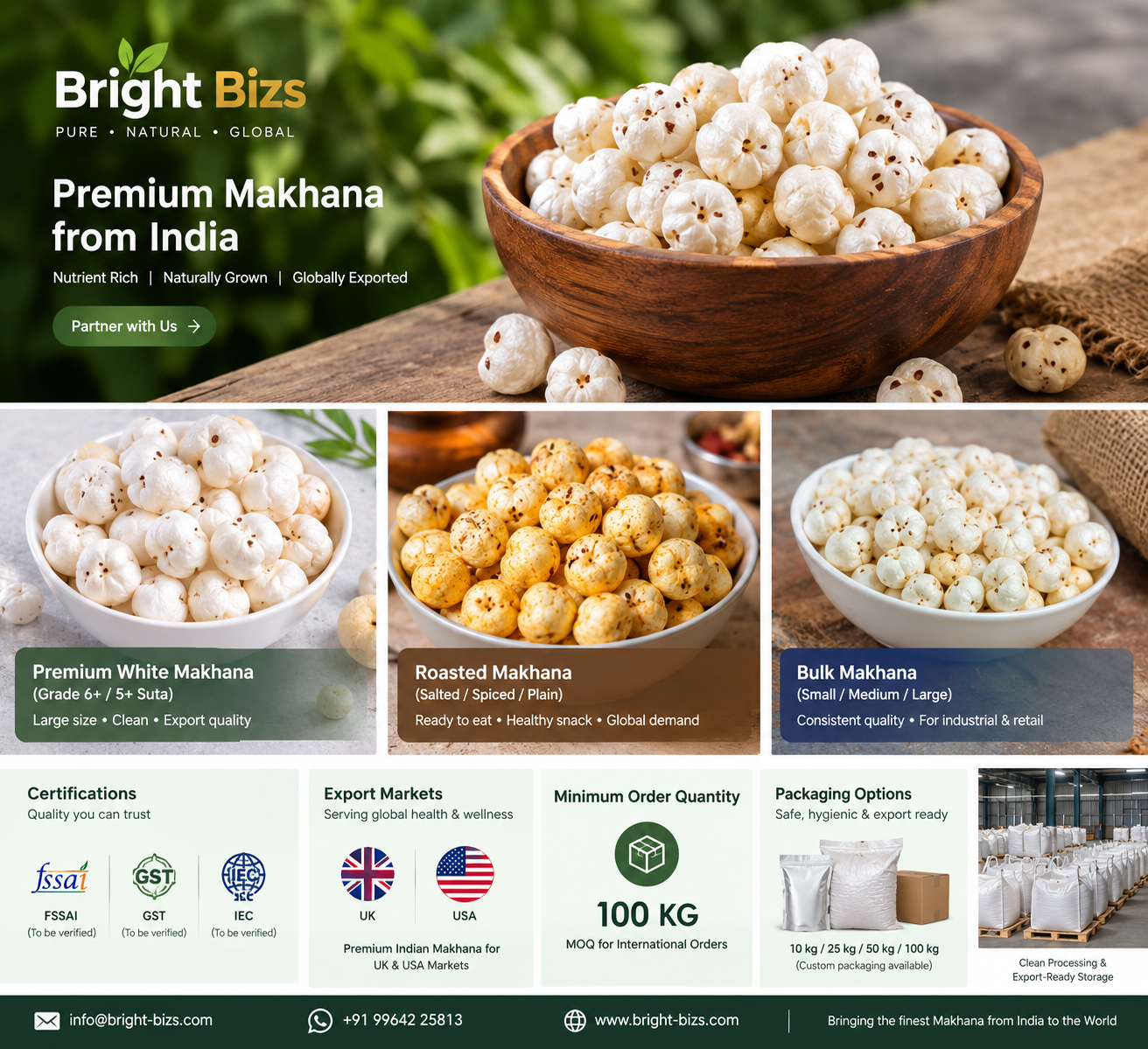 Bright Bizs premium makhana from India, export markets, packaging and product showcase